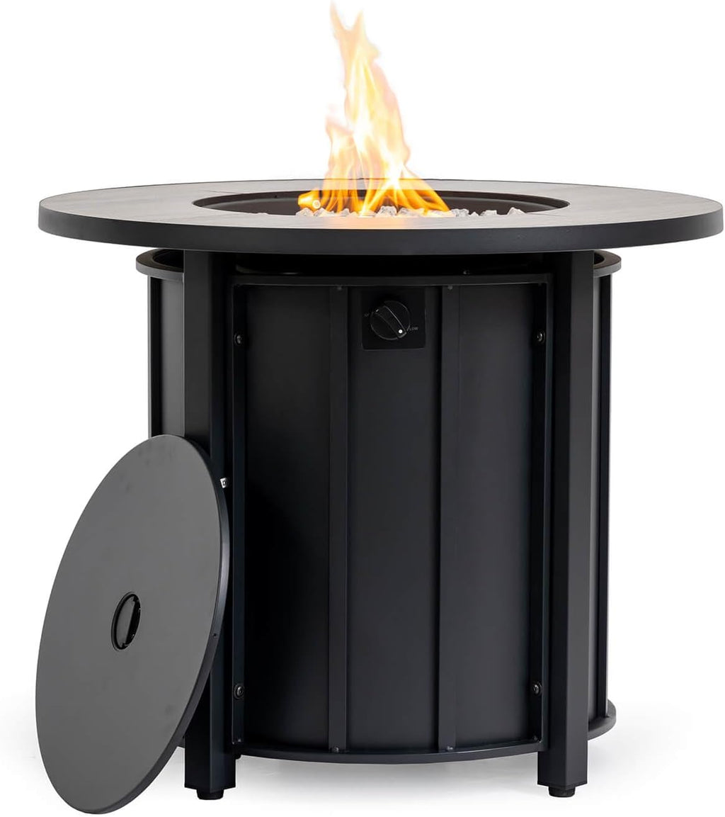 30'' Marble Ceramic Round Gas Fire Pit, 50,000 BTU Outdoor Fire Tables, Fire Table with Lid, Add Warmth & Ambience to Gatherings and Parties On Patio Deck Garden Backyard, White Glass Stone.