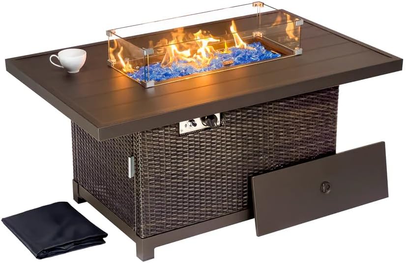52-Inch Propane Fire Pit Table Rectangular 50,000 BTU Outdoor Gas Fire Pit for Patio & Backyard Aluminum Frame 2-in-1 Firepit Dining Table with Glass Wind Guard Rain Cover and Blue Glass Rocks Brown