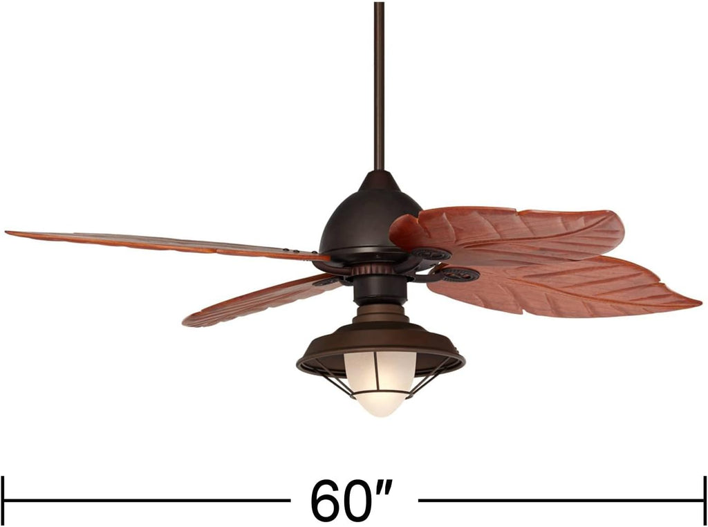 Casa Vieja 60' Casa Oak Creek Tropical Outdoor Ceiling Fan with LED Light Oil Rubbed Bronze Walnut Solid Wood Blade Frosted Glass Bowl Damp Rated for Cottage Core Patio Exterior House Porch Barn