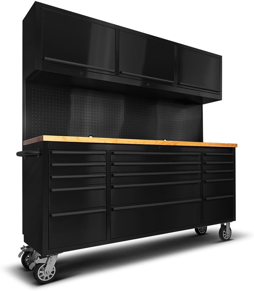 72-Inch Rolling Tool Chest with 15 Drawers + 3 Upper Cabinets, Mobile Workbench, Assembled Large Tool Box Lockable Storage Cabinet with Wheels for Garage Workshop, Matte Black