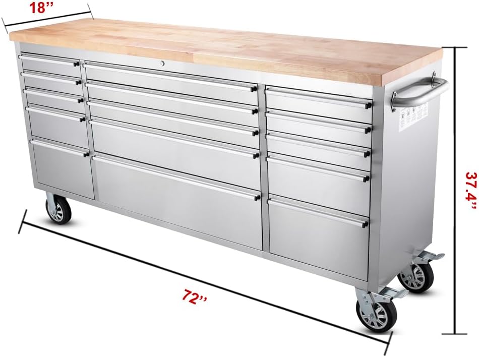 72-inch Stainless Steel Rolling Tool Chest with 15 Drawers, Mobile Workbench, Assembled Large Tool Box Lockable Storage Cabinet with Wheels for Garage Workshop (72'' w/15 Drawers)