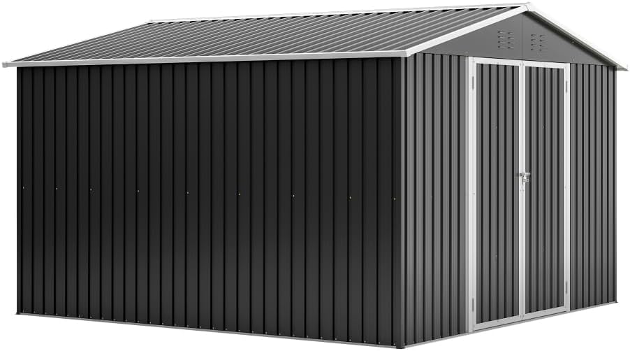 Large Outdoor Storage Shed 10x12 FT, Heavy-Duty Metal Garden Tool Organizer with Lockable Doors and Weather-Resistant Roof for Backyard (10x10 ft Black)