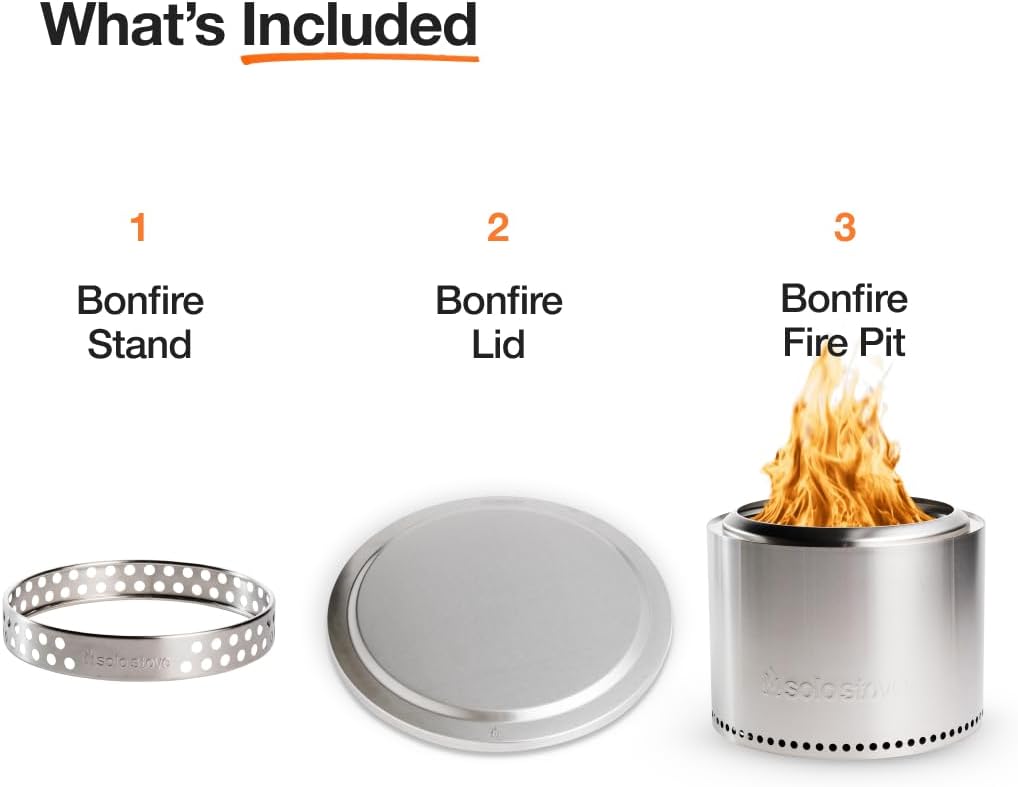 Solo Stove Bonfire Essential Bundle | Smokeless Fire Pit with Stand & Lid, Ideal for 4–6 People | Portable Wood Burning, Removable Ash Pan, Stainless Steel, 16.75' H x 19.5' Dia, 21.75lbs