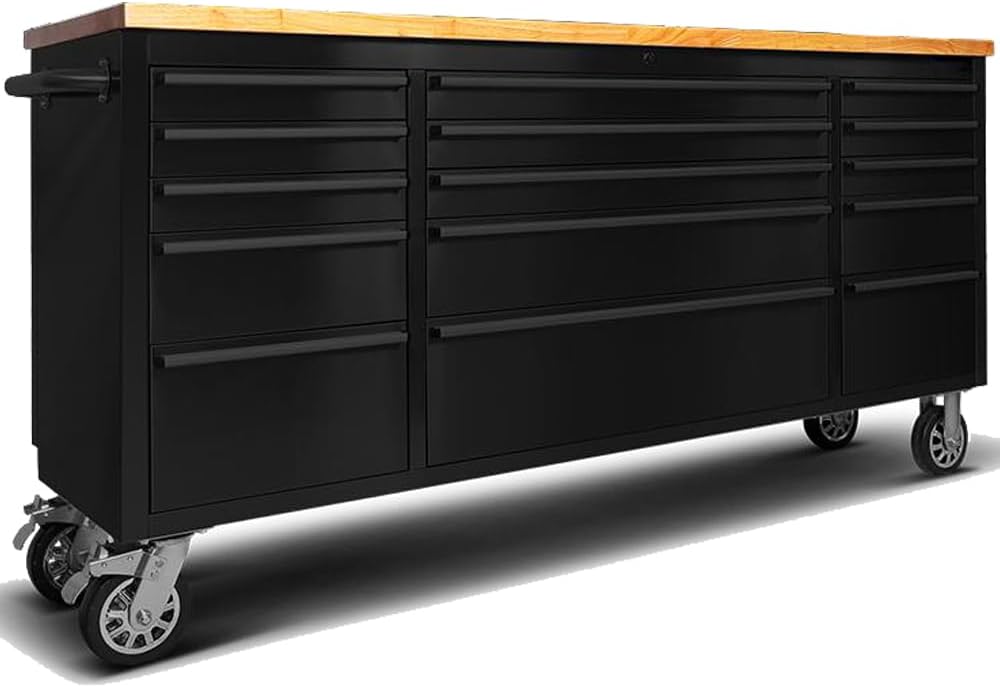 72-inch Rolling Tool Chest with 15 Drawers, Mobile Workbench, Assembled Large Tool Box Lockable Storage Cabinet with Wheels for Garage Workshop (72'' w/15 Drawers - Black)