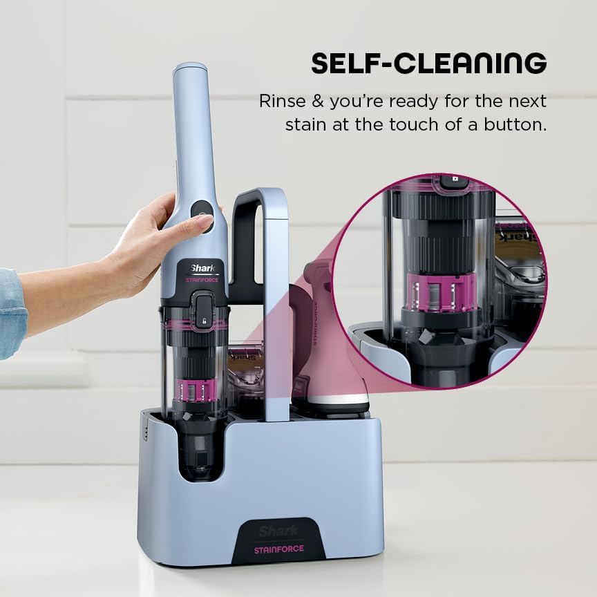 Shark StainForce Cordless Portable Spot, Stain, & Odor Remover System, 5' tool, Storage Tray & Extra Filter for Carpets, Area Rugs, Upholstery, Stairs, Cars, Cleaning Solution, Glacier Blue, HX102BRN
