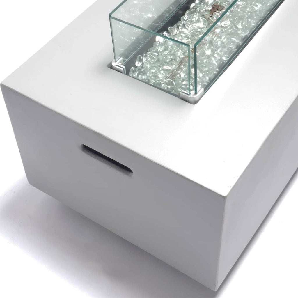 Bluegrass Living 42 Inch x 15 Inch Rectangular MGO Propane Fire Pit Table with Side Table Tank Storage, Glass Wind Guard, Crystal Glass Beads, Fabric Cover - Model# DFT42R-CG