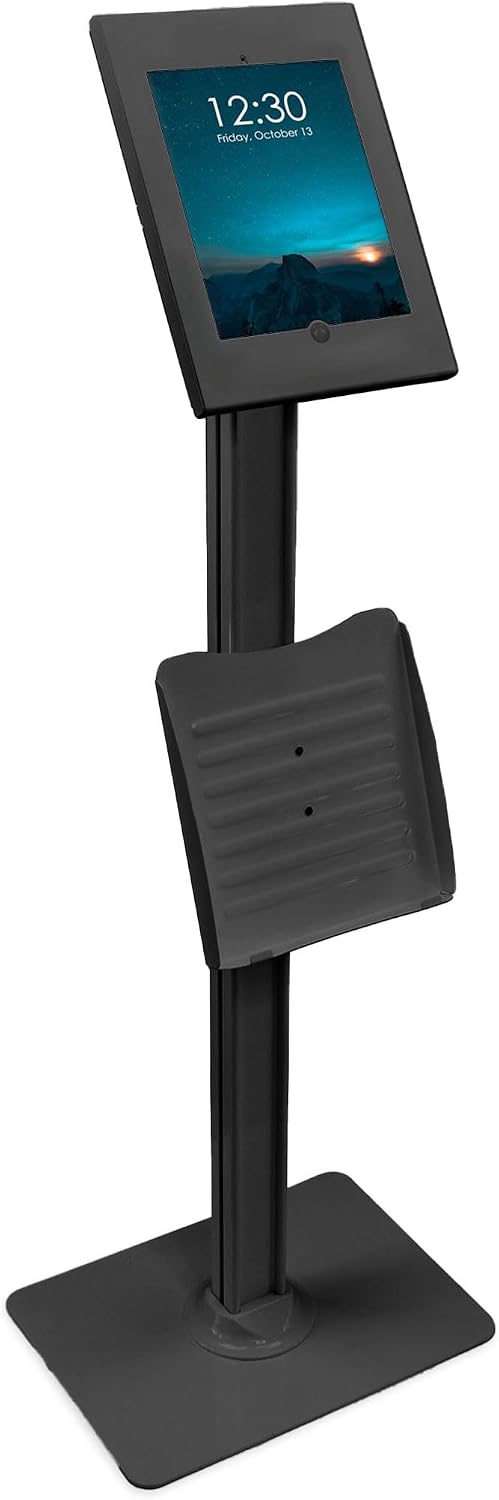 Mount-It! Anti-Theft iPad Tablet Floor Stand Kiosk with Literature Holder, Lockable Enclosure for iPad Gen 7–11, Pro & Air (A16), 90° Rotation & 75° Tilt, Commercial Kiosk Stand, Bolt Down Base, Black