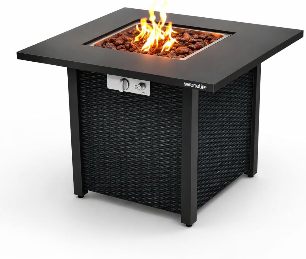 SereneLife 28 Inch Propane Gas Fire Pit Table 40000 BTU with Cover, Stainless Steel Burner, Adjustable Flame, Weather-Resistant Design, Easy Assembly for Patio or Backyard