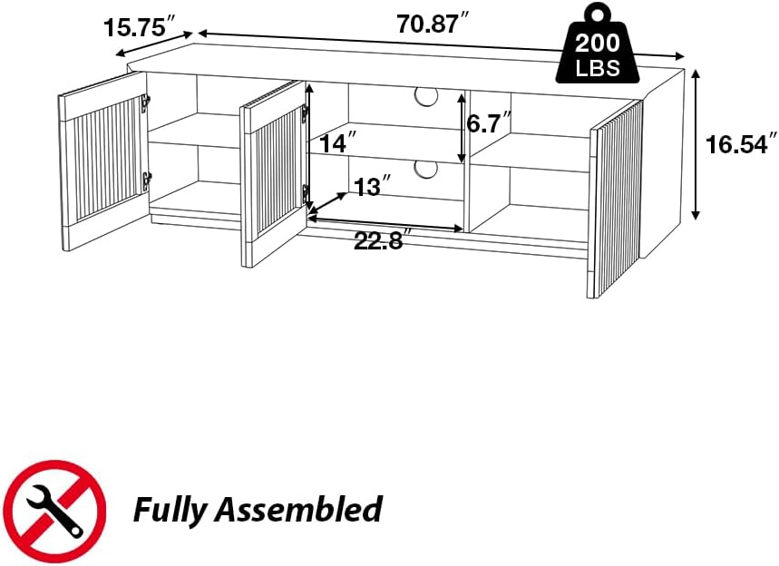 POVISON Full Assembled Mid Century Modern TV Stand, Black Entertainment Center for 65 inch TV, Wood Slatted Media Console with Storage, Low TV Cabinets for Living Room Bedroom, Oak Veneer