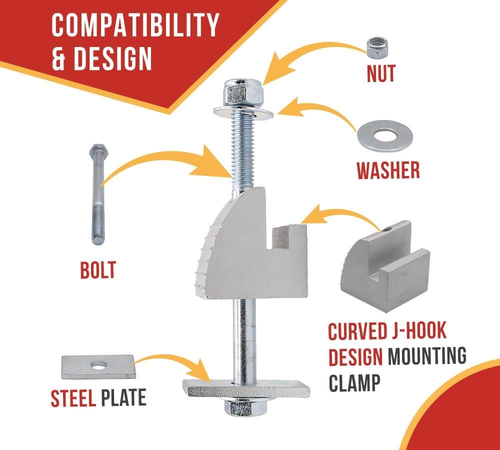 Mytee Products (4 Pack) Truck Tool Box Mounting Kit - No Drill w/Hardware - Universal Silver Truck Tool Box - J Hook Crossover Toolbox Clamps