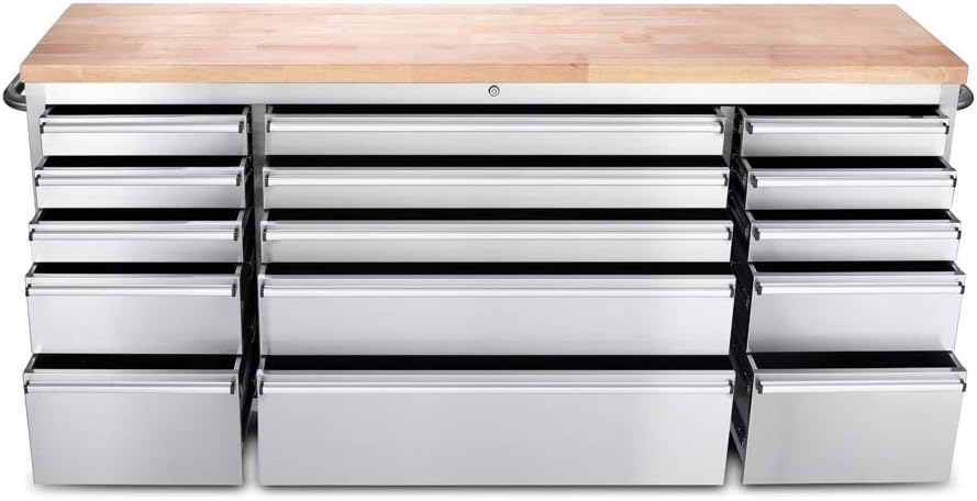 72-inch Stainless Steel Rolling Tool Chest with 15 Drawers, Mobile Workbench, Assembled Large Tool Box Lockable Storage Cabinet with Wheels for Garage Workshop (72'' w/15 Drawers)