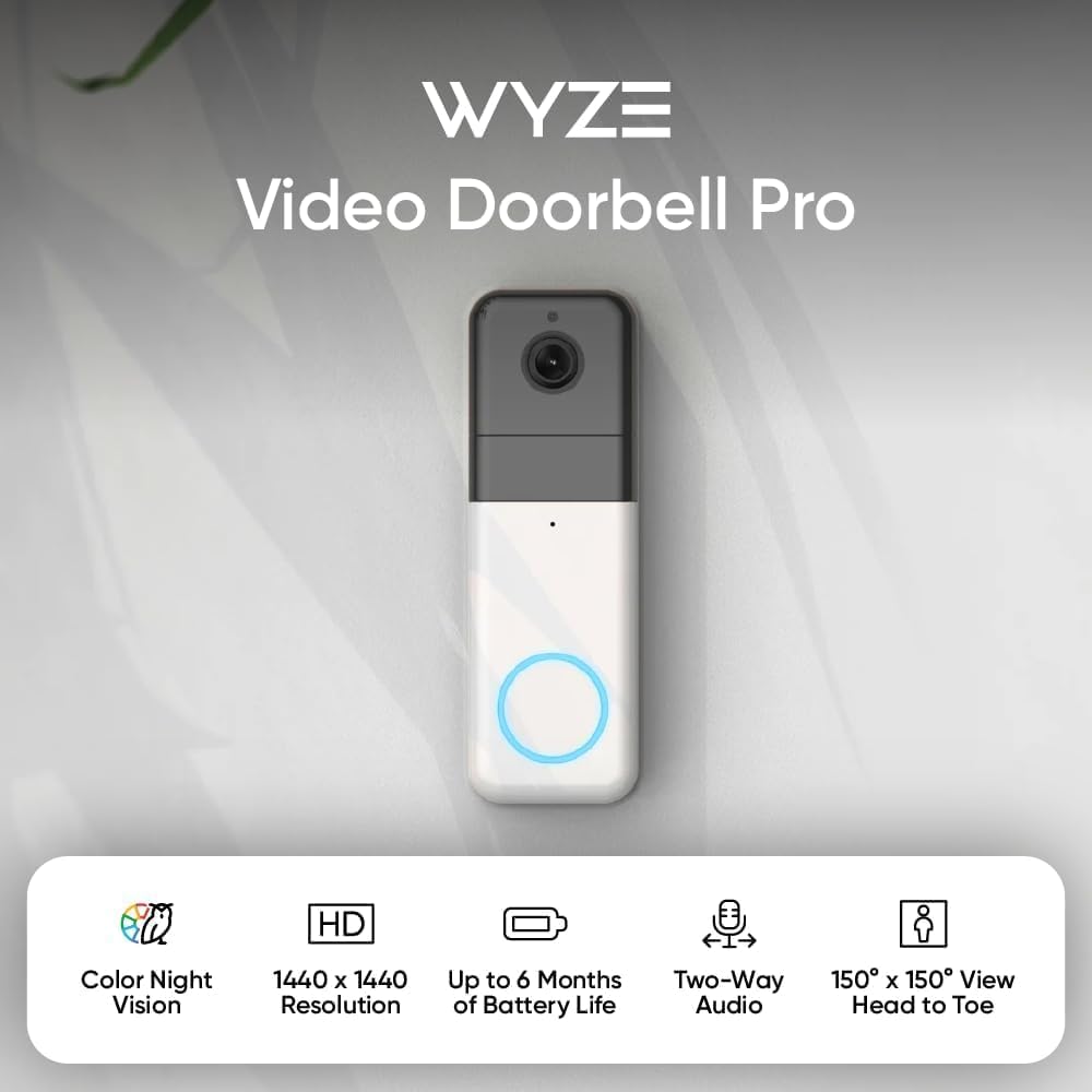 Wyze Wireless Video Doorbell Pro (Chime Included) with Easy-to-Use Design, 1440 HD Video, 1:1 Head-to-Toe View (1:1 Aspect Ratio), 2-Way Audio, Night Vision