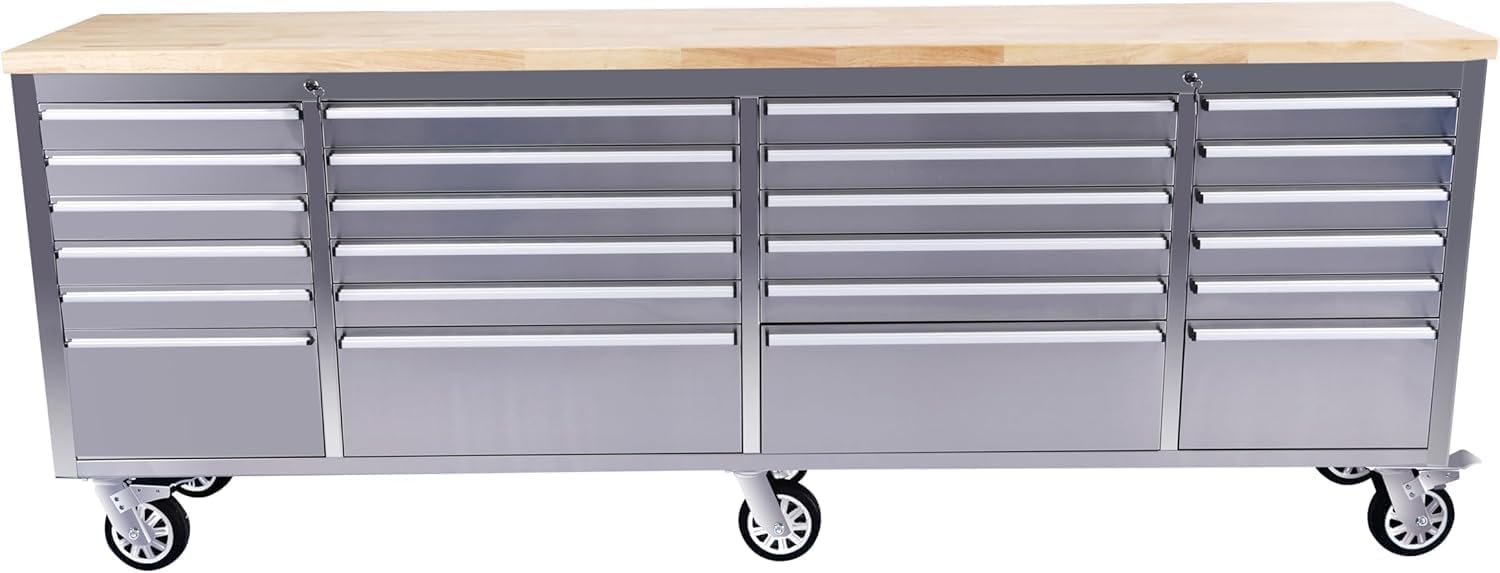 IDEALHOUSE 96 inch Rolling Tool Chest, Garage Workbench with 24 Drawers, Solid Rubber Wood Top & with Wheels Lock Key Locking, Mobile Workstation Tool Cabinet for Workshop Storage