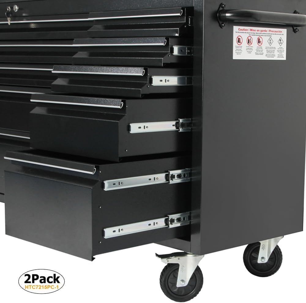 2 Pack - 72' Rolling Tool Chest with 15 Drawers, Black Mobile Workbench, Assembled Large Tool Box Lockable Storage Cabinet with Wheels for Garage Workshop (2 × HTC7215PC-1)