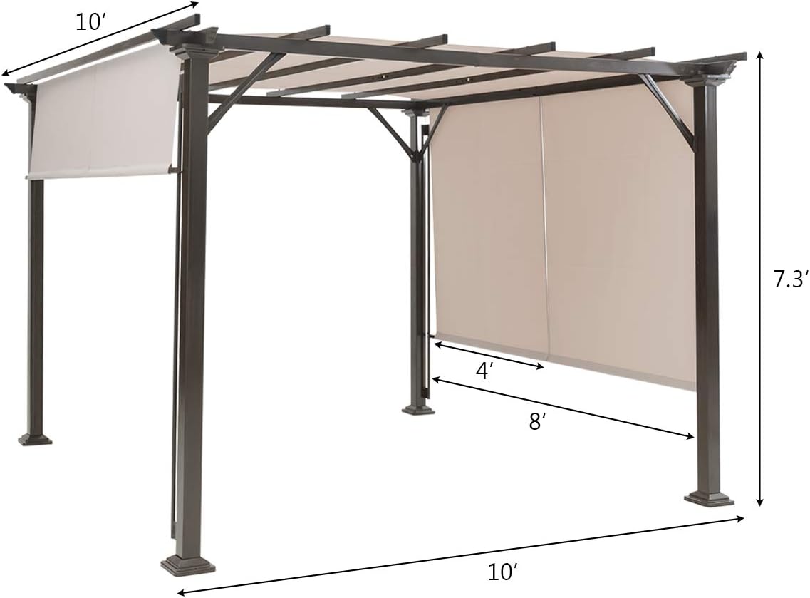 Tangkula 10x10FT Outdoor Patio Shade Structure, Steel Pergola with Retractable Canopy Shades, Rustproof Metal for Patio, Backyard, Garden (Beige)