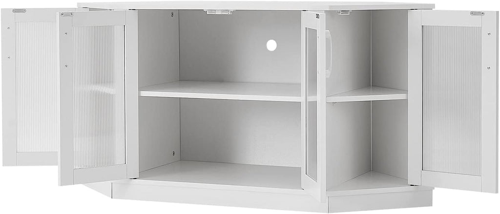 Panana Corner TV Stand - 47 Inch Media Console with 4 Doors and Shelves, Living Room Storage for TVs up to 51 Inch (White)