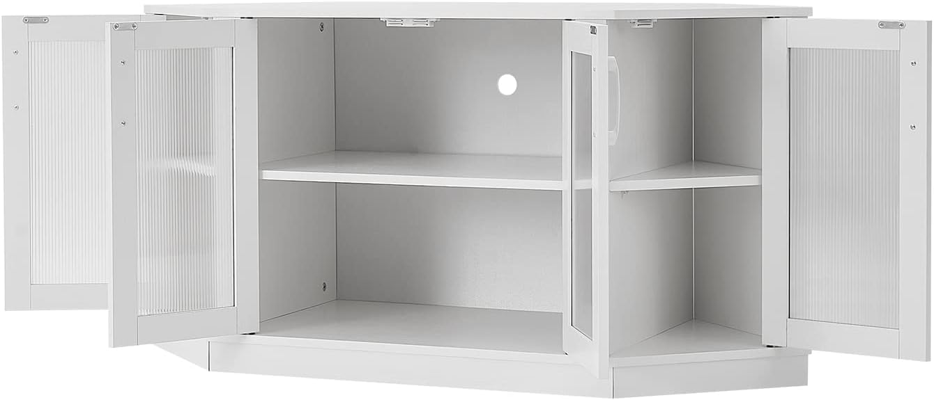 Panana Corner TV Stand - 47 Inch Media Console with 4 Doors and Shelves, Living Room Storage for TVs up to 51 Inch (White)