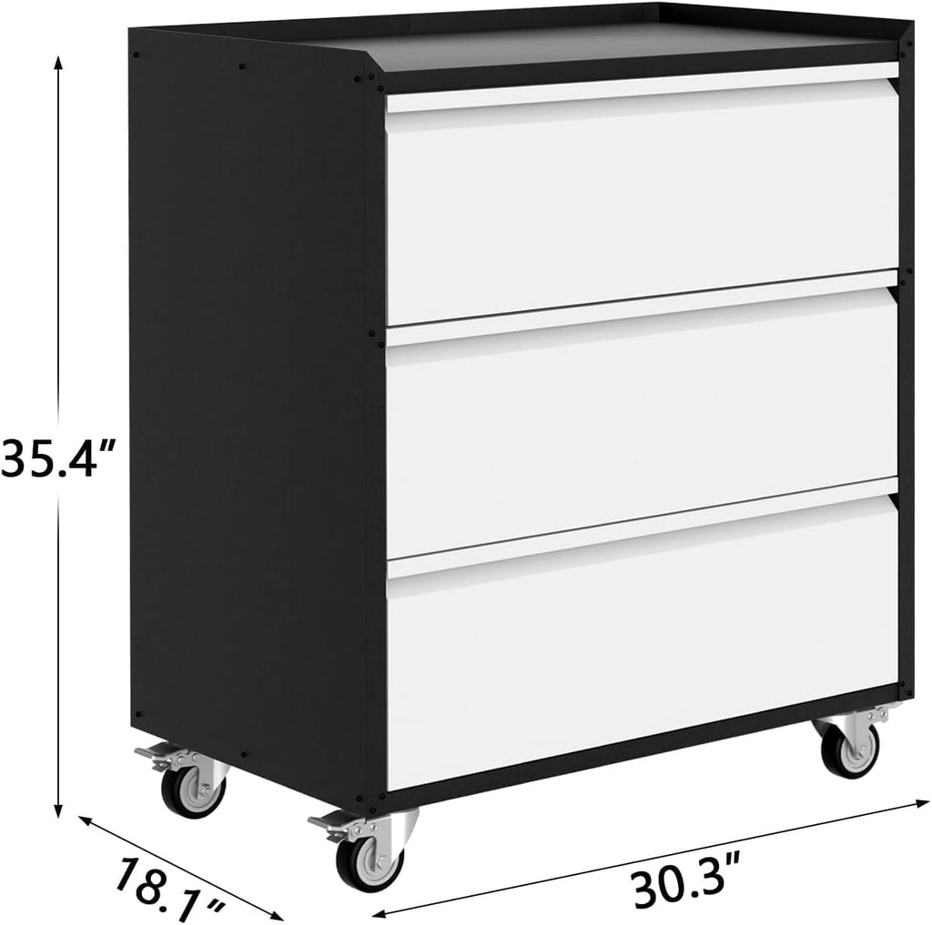 Metal Storage Cabinet with 3 Drawers on Wheels, Heavy Duty Rolling Tool Cart, Mobile Tool Chest for Garage, Workshop, Home, Office, Warehouse, Gray