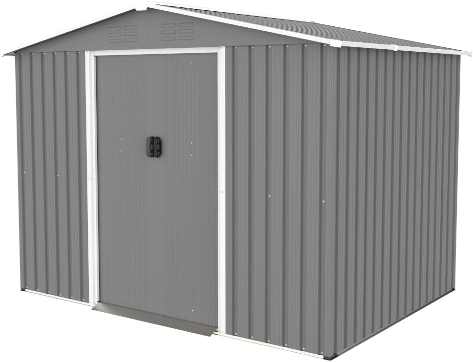 Large Outdoor Storage Shed 10x12 FT, Heavy-Duty Metal Garden Tool Organizer with Lockable Doors and Weather-Resistant Roof for Backyard (8x6 ft Grey with Floor Frame)