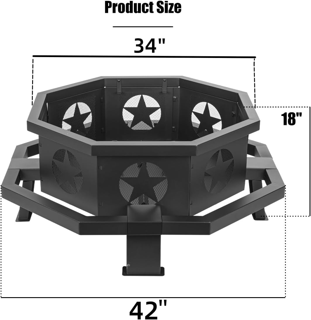Panovue 42 inch Fire Pit for Outside, Heavy Duty Wood Burning Fire Pits with Fire Poker, Outdoor Octagonal Firepit for Camping, Yard, Patio