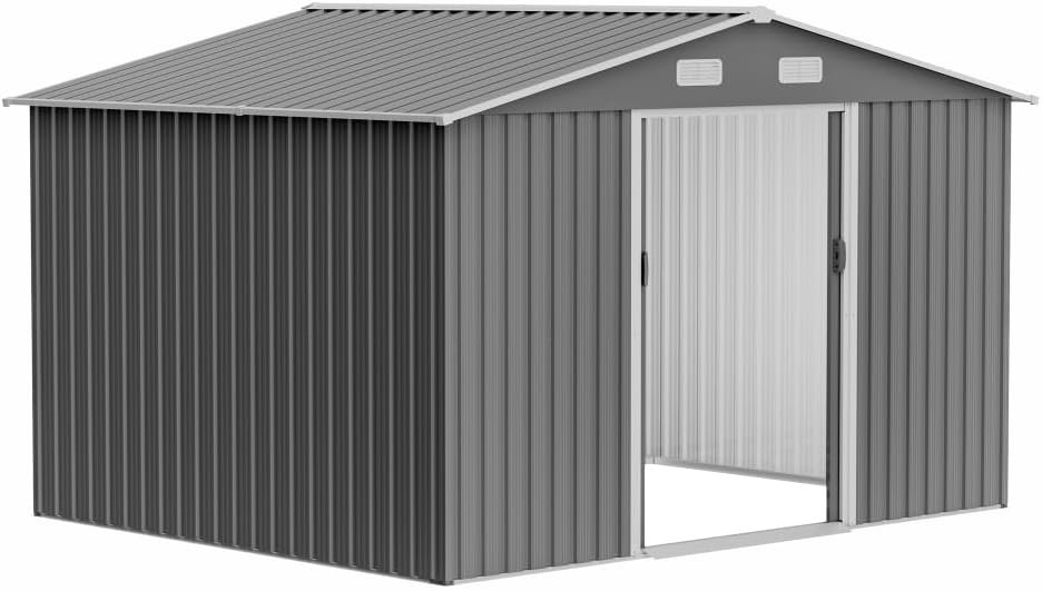 Large Outdoor Storage Shed 10x12 FT, Heavy-Duty Metal Garden Tool Organizer with Lockable Doors and Weather-Resistant Roof for Backyard (10x8 ft Grey-1)