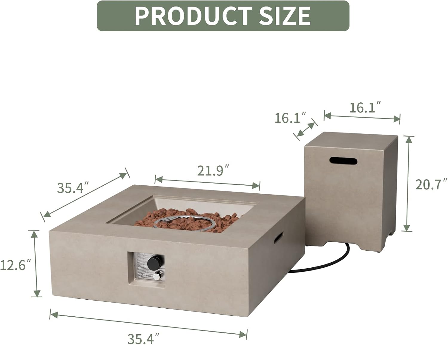 COSIEST 2-Piece Outdoor Propane Fire Pit Table Set w Tank, Gray Faux Stone 35 inch Square Fire Table w 50,000 BTU Stainless Steel Burner, w Metal Lid 20lb Hideway Tank for Garden, Porch