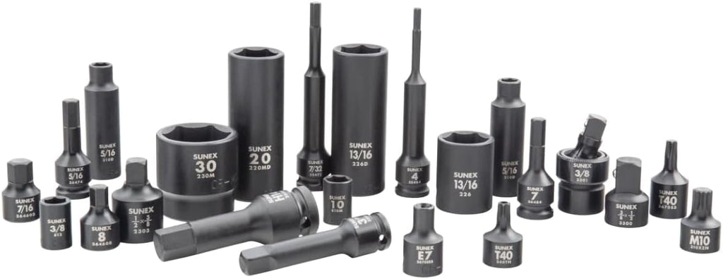 SUNEX 10222 1/4', 3/8' & 1/2' Drive SAE & Metric 6 Point Standard & Deep with Star (E and Tamperproof), Triple Square, & Hex Bit, 222-Piece