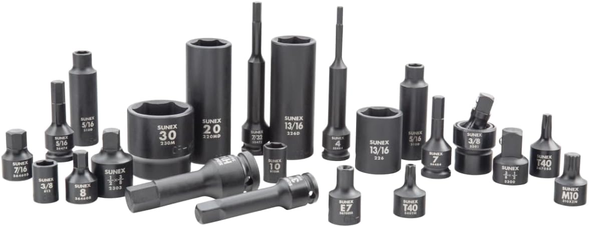 SUNEX 10222 1/4', 3/8' & 1/2' Drive SAE & Metric 6 Point Standard & Deep with Star (E and Tamperproof), Triple Square, & Hex Bit, 222-Piece
