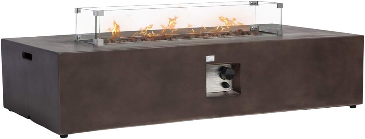 COSIEST Outdoor Propane Fire Pit Table 56' x 28' Rectangle Bronze Compact Concrete-Like Finish, Certified, 50,000 BTU,Wind Guard, Tank Outside, Free Lava Rocks, Fits 20lb Tank Outside, Raincover