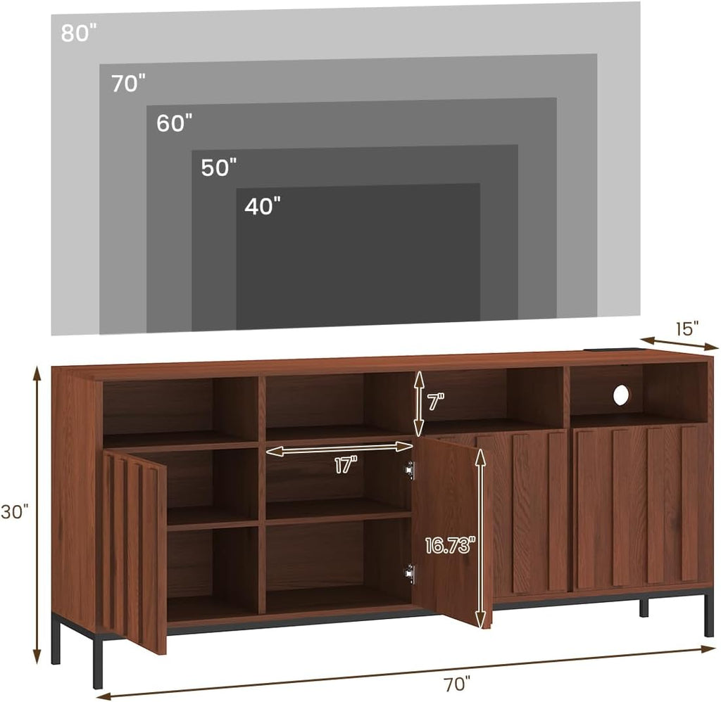 COCO DESIGN 70' Fluted TV Stand with Power Outlet for TVs up to 80', Modern Entertainment Center with Adjustable Shelves, Media Console Table with Storage for Living Room, Walnut