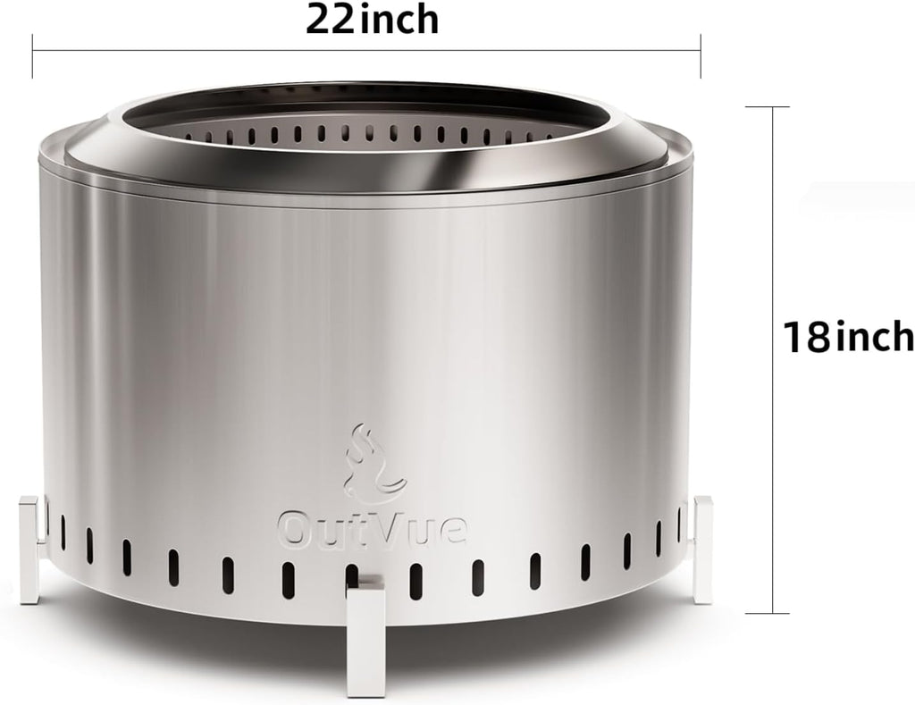 OutVue 22 inch Stainless Steel Smokeless Fire Pit, Outdoor Smokeless Firepit, Wood Burning Fire Pits for Camping, Bonfire, Low Smoke Firepit for Outside (Vertical Hole)