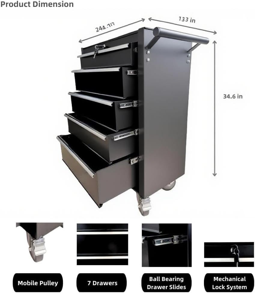 Tool Cabinet Tool Cart 24.2inch with 5 Drawers and Wheels, Metal Rolling Tool Box Locked Drawers Storage Organizer Cabinet with Black Color for Garage, Warehouse, Repair Shop, Workshop