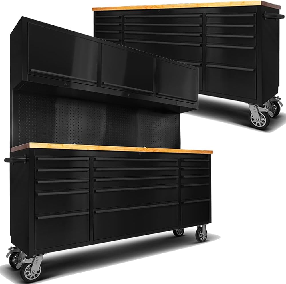 2 Pack - 72' Rolling Tool Chest with 15 Drawers + 3 Upper Cabinets, Matte Black Mobile Workbench, Lockable Large Tool Box with Wheels for Garage (1 × HTC7218PC + 1 × HTC7215PC-1)