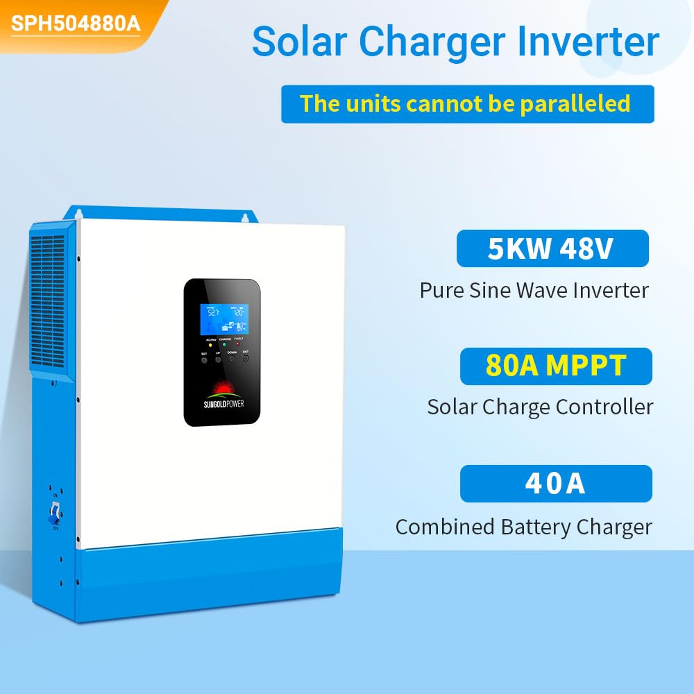 SUNGOLDPOWER UL1741 5000W DC 48V solar inverter All In One,120V AC output Pure Sine Wave Inverter,Built-in 80A MPPT solar charger and 40A AC charger,For home,Cabin,Backup,Off-grid system (NO Parallel)