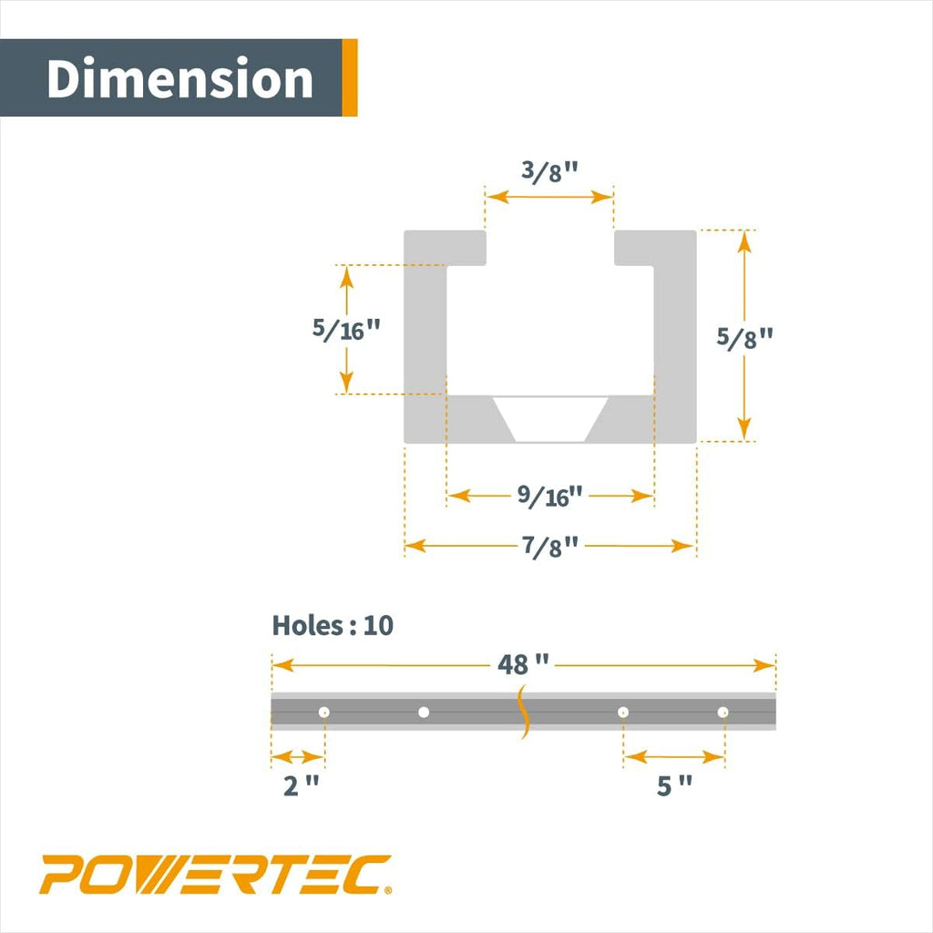 POWERTEC 71379-P6 Heavy Duty 48' Aluminum T-Track | Specialized T Slot Track Mounting for 3/8' Hex Bolt and POWERTEC T Bolt 1/4'-20 and 5/16'-18, 6 PK