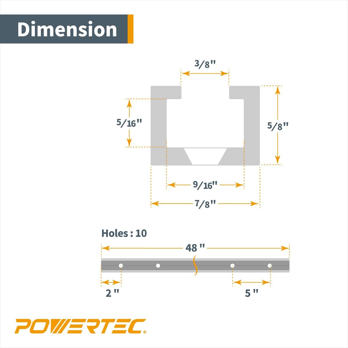 POWERTEC 71379-P6 Heavy Duty 48' Aluminum T-Track | Specialized T Slot Track Mounting for 3/8' Hex Bolt and POWERTEC T Bolt 1/4'-20 and 5/16'-18, 6 PK