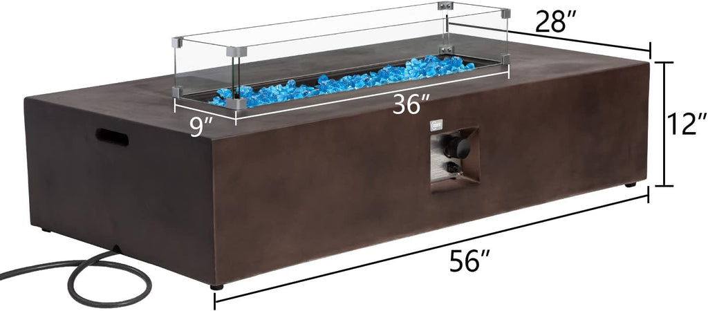 COSIEST Outdoor Propane Fire Pit Table, 56-inch x 28-inch Rectangle Bronze Compact Concrete-Like Finish, Certified, 50,000 BTU Stainless Steel Burner w Blue Fire Glass, Wind Guard, Raincover