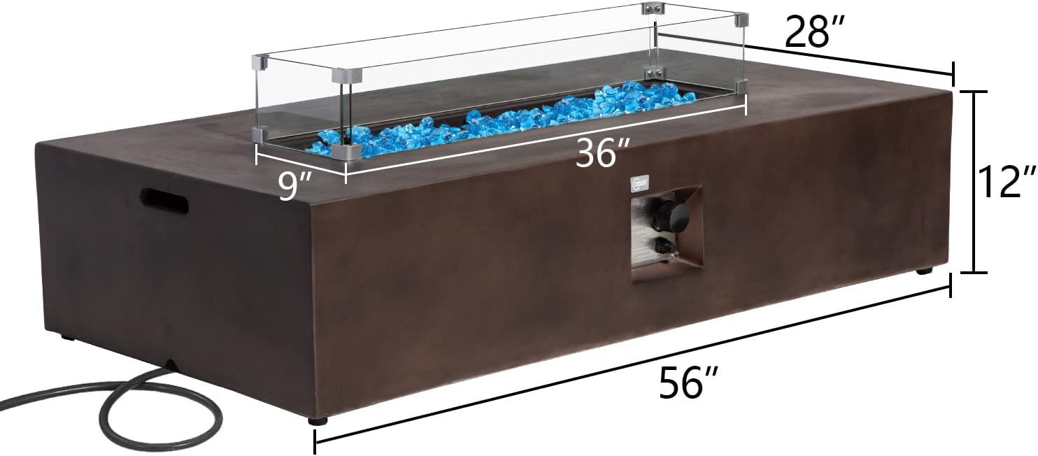 COSIEST Outdoor Propane Fire Pit Table, 56-inch x 28-inch Rectangle Bronze Compact Concrete-Like Finish, Certified, 50,000 BTU Stainless Steel Burner w Blue Fire Glass, Wind Guard, Raincover