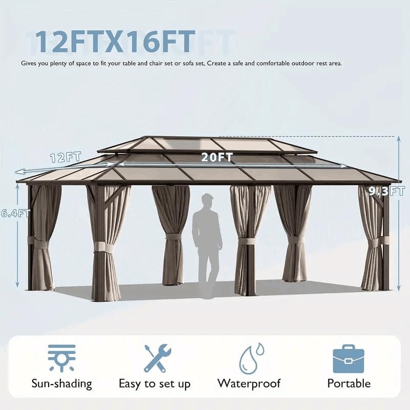 TFORESTER Hardtop Gazebo 12x20FT Hardtop Gazebo, Aluminum Frame Permanent Pavilion with Curtains and Netting, Outdoor Polycarbonate Gazebo, Double Roof Canopy, for Gardens, Patios, Lawns
