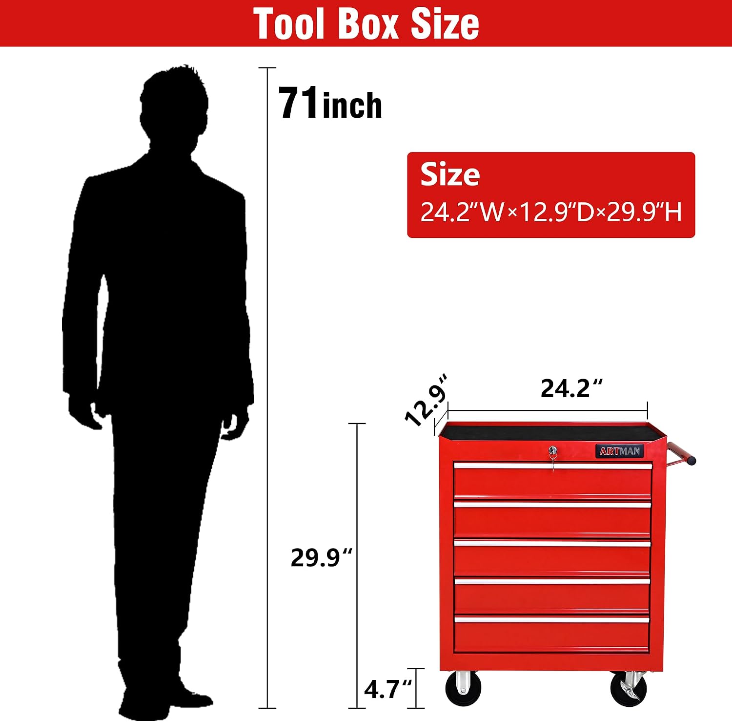 5 Drawers Tool Cart on Wheels, 5 Drawer Rolling Tool Chest with Key Lock, Trolley Organizer Tool Case, Multifunctional Rolling Tool Box for Garage,Warehouse,Workshop,Repair Shop (Red)