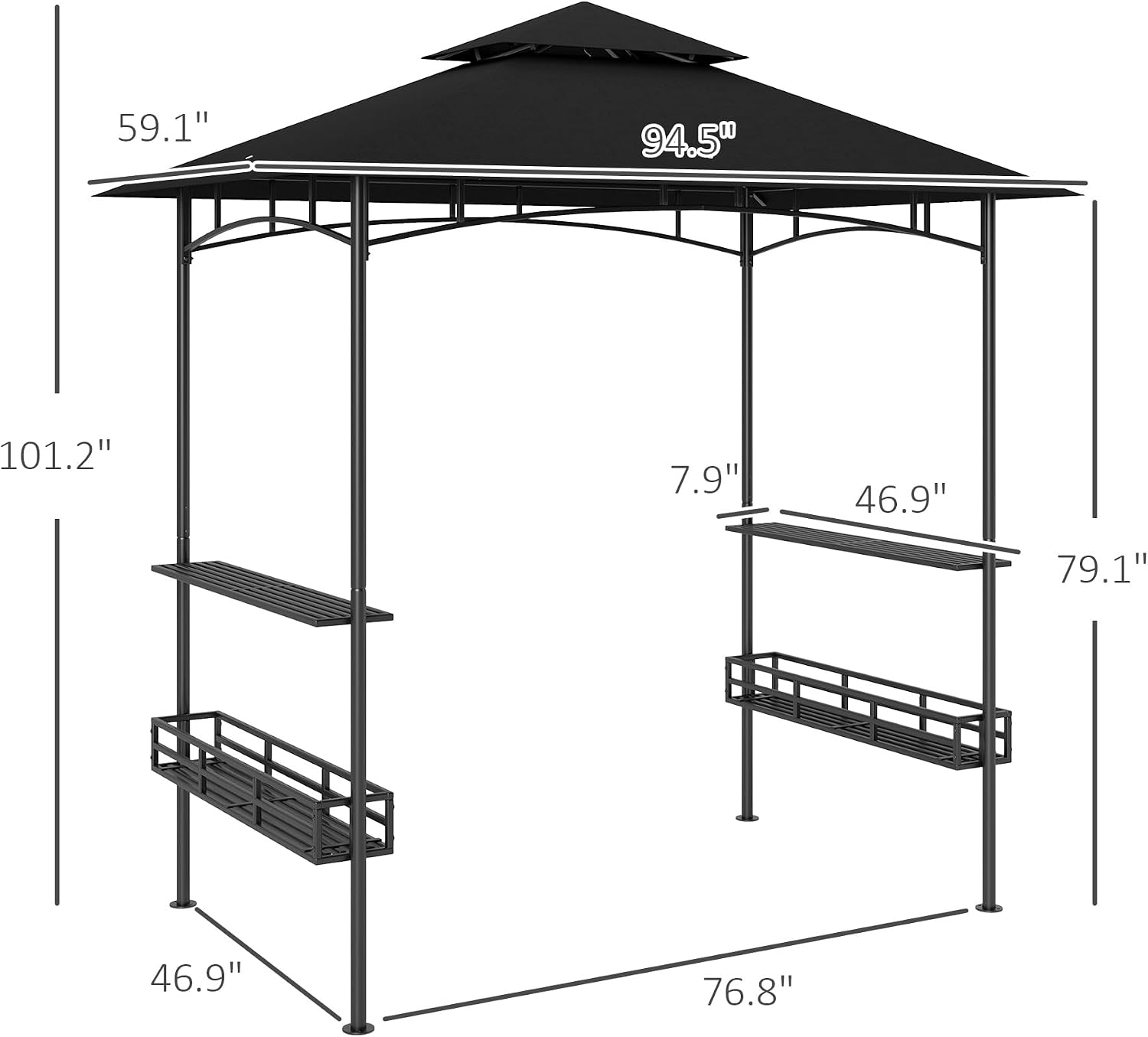 Outsunny 8' x 5' Grill Gazebo, 2-Tier Outdoor BBQ Gazebo with Ceiling Hook, 2 Side Shelves and Storage Baskets for Patio Deck Yard, Dark Gray