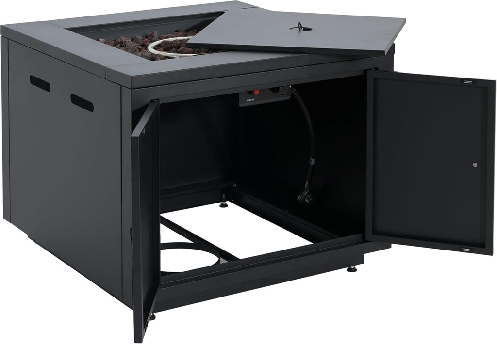 Christopher Knight Home Senna Outdoor Fire Pit with Lava Rocks and Protect Cover, Galvanized Steel Construction Tank Table, 40000 BTU Square Tabletop Fire Pit, Patio Gas Fireplace Table, Black
