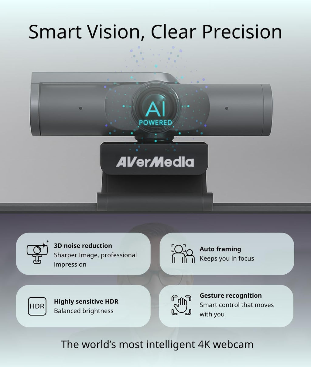 AVerMedia PW515 4K Ultra HD Business Webcam with Microphone for PC/Desktop/Laptop/Mac, with AI Auto Framing for Streaming, Meeting, Video Calls, Sony Sensor, Works with Teams, Zoom, Google Meet, OBS