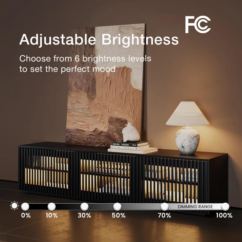 POVISON Mid Century Modern Wood Slatted TV Stand with LED Lights, Media Console for 70+ Inch TV, Entertainment Center with Storage Cabinet for Living Room, Fully-Assembled (Black, 70.87')