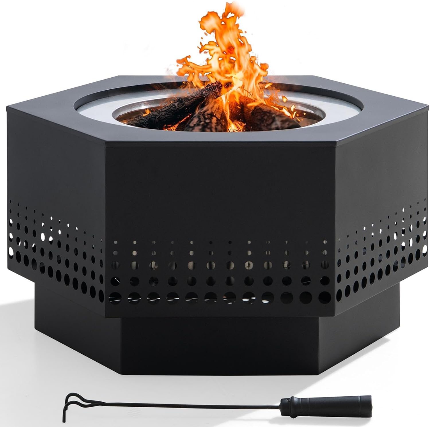 SUNJOY Smokeless Fire Pit 28-Inch Hexagonal Firepit for Outdoor, Stainless Steel Wood Burning Fireplace with Removable Ash Pan, PVC Cover and Fire Poker, Ideal for Camping, Bonfire, Backyard, Black