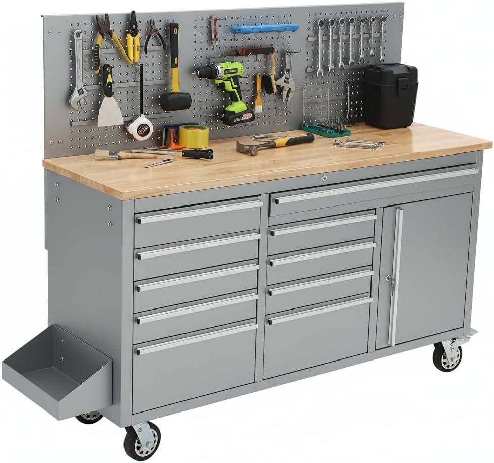 GAOMON 61-inch Rolling Tool Chest, 10 Drawers Garage Workbench Storage Tool Cabinet with Power Strip, Solid Rubber Wood Top, 1675 LBS Load Mobile Workstation, Heavy Duty Rolling Cabinet, Silver