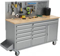 GAOMON 61-inch Rolling Tool Chest, 10 Drawers Garage Workbench Storage Tool Cabinet with Power Strip, Solid Rubber Wood Top, 1675 LBS Load Mobile Workstation, Heavy Duty Rolling Cabinet, Silver