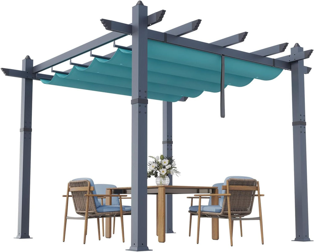 KYBOLT 10x10 Ft Outdoor Pergola Metal Gazebo with Retractable Canopy for Backyard Deck Patio Porch Grape Trellis(Blue)