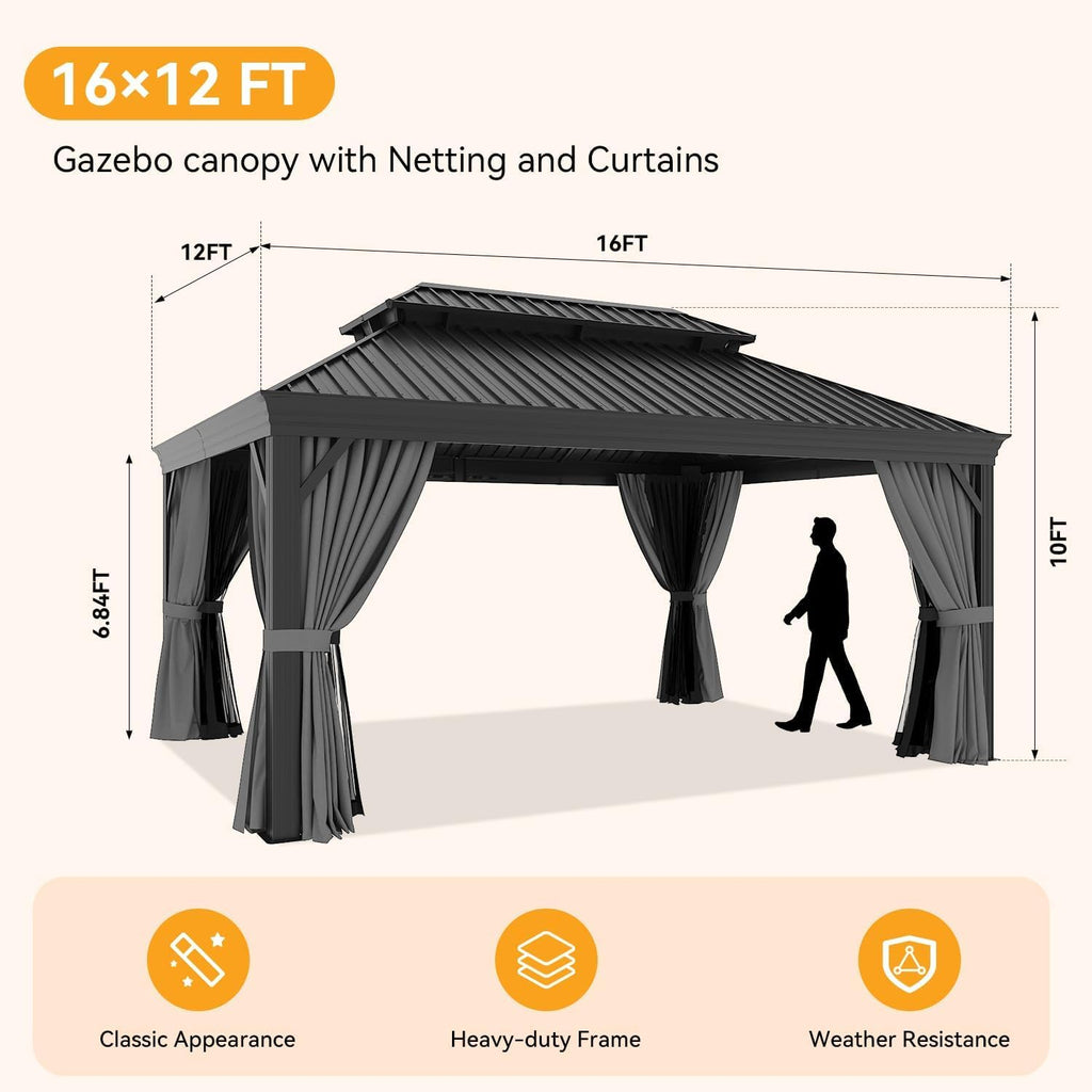 Hardtop,12x16 Gazebo with Gray Mosquite Netting, Hardtop Gazebo with Galvanized Steel Roof for Gardens, Deck, Lawns