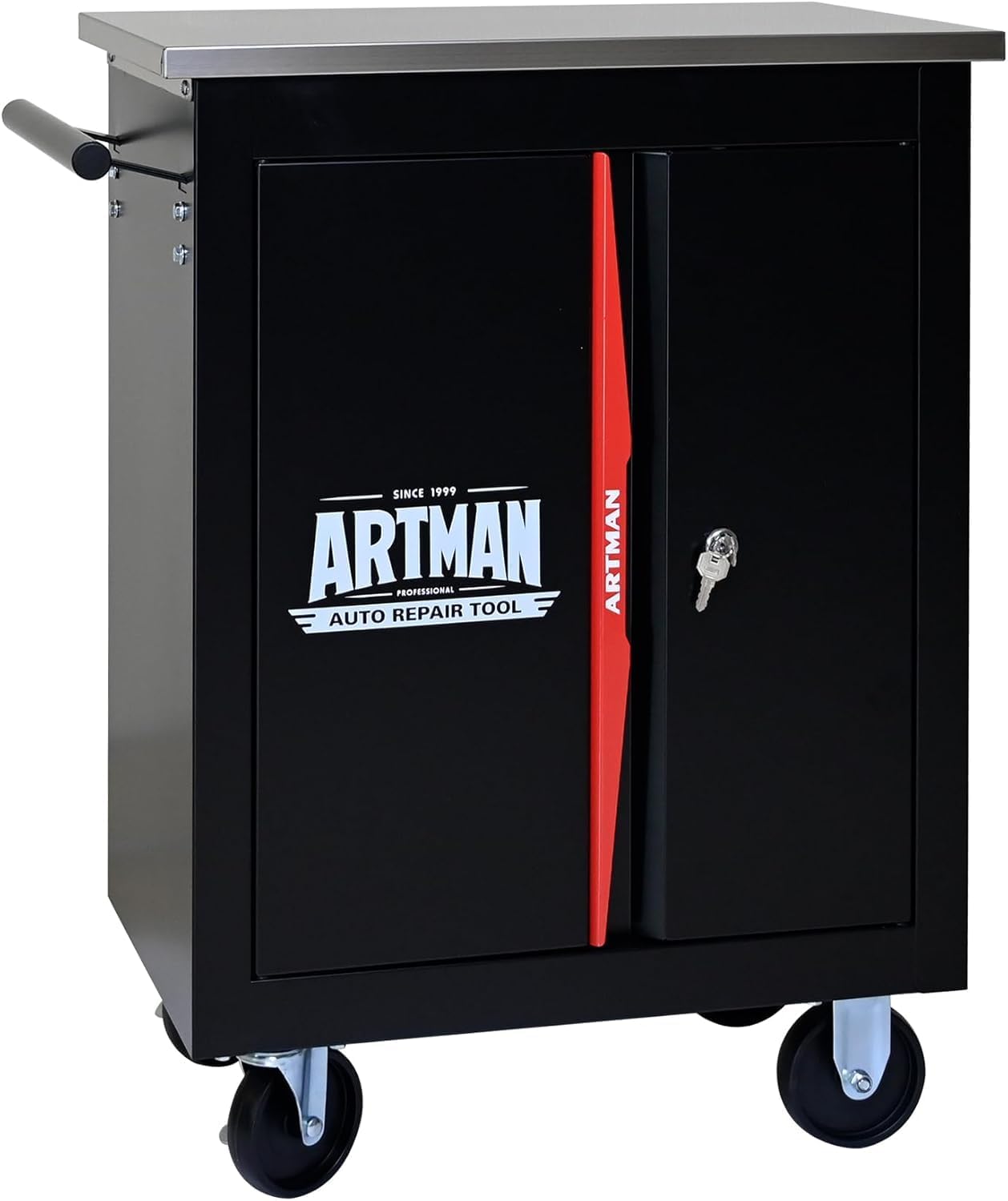 1 Cabinet 2 Shelves Rolling Tool Chest with Stainless Steel Countertop,Tool Chest with Secure Locking System,Mobile Storage Tool Cabinet with 360°Wheels & Padded Feet,for Home,Garage(Black+Red)